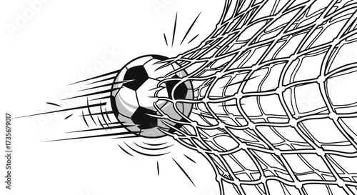 A black and white illustration of a soccer ball scoring a goal, showing motion.