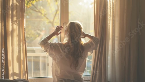 A peaceful morning routine begins with gentle stretches upon waking, followed by a calm meditation session.