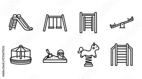 Set of hand-drawn playground equipment icons for outdoor play and child amusement vector
