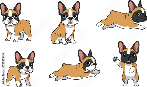 Cute French Bulldog cartoon set, playful puppy dog poses, adorable pet mascot, animal character design collection vector illustration