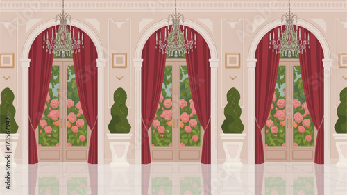 Vector art of elegant ballroom interior with arched doorways and chandeliers
