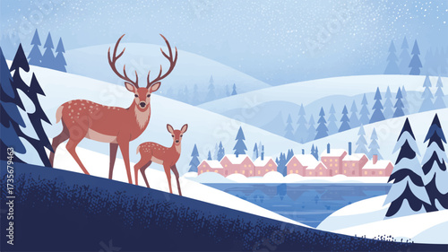 Vector art of majestic stag and fawn in a serene winter landscape with village