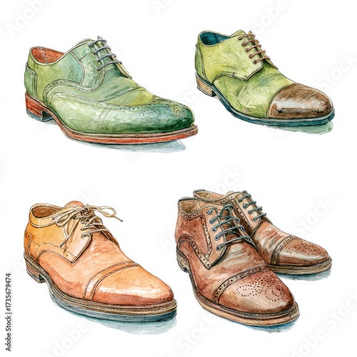 Four watercolor illustrations of men's dress shoes.  Variety of colors and styles.  Detailed depictions of leather textures and stitching.  Eyelet detail on each shoe.  Classic formal footwear
