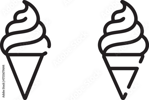 Minimalist Line Art Ice Cream Cone Icon Set with Soft Serve Swirl
