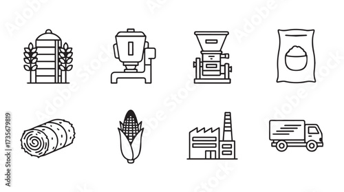 Agricultural icons set farming equipment silo corn bale factory truck for food production vector