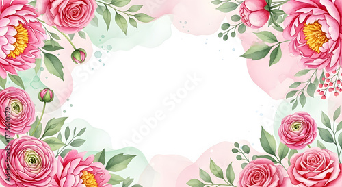 A beautiful watercolor floral frame with pink peonies and ranunculus flowers, green leaves, and soft pastel washes, leaving a blank central space.