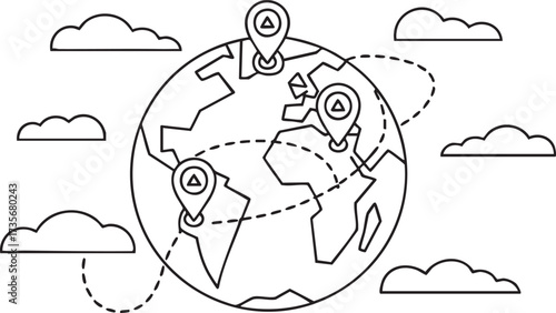 Minimalist Globe Icon with Travel Routes and Location Pins Vector