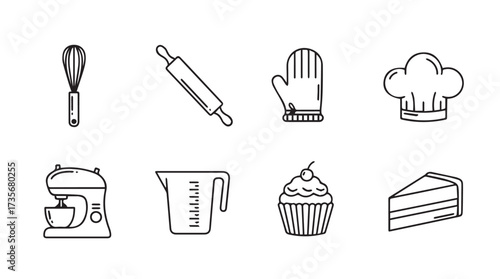 Drawn baking tools and sweets collection featuring kitchen mixer whisk rolling pin and cupcake slice vector
