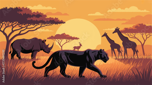 Vector art of african savanna sunset with diverse wildlife including a panther and rhino