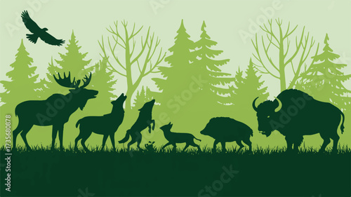 Vector art of silhouette of wild animals in a forest setting