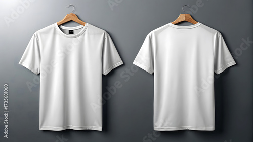 Wallpaper Mural Front and back view of a plain white t-shirt hanging on a wooden hanger against a gray background. Torontodigital.ca