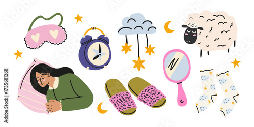 Good night and sleep cartoon elements in retro doodle style. Cozy stickers collection of night time routines, good dreams, and relaxation. Trendy night vector illustrations