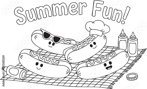 Cute Hot Dog Mascot Illustration Black and White Coloring Page