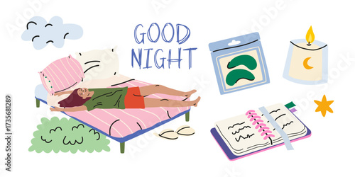Good night and sleep cartoon elements in retro doodle style. Cozy stickers collection of night time routines, good dreams, and relaxation. Trendy night vector illustrations