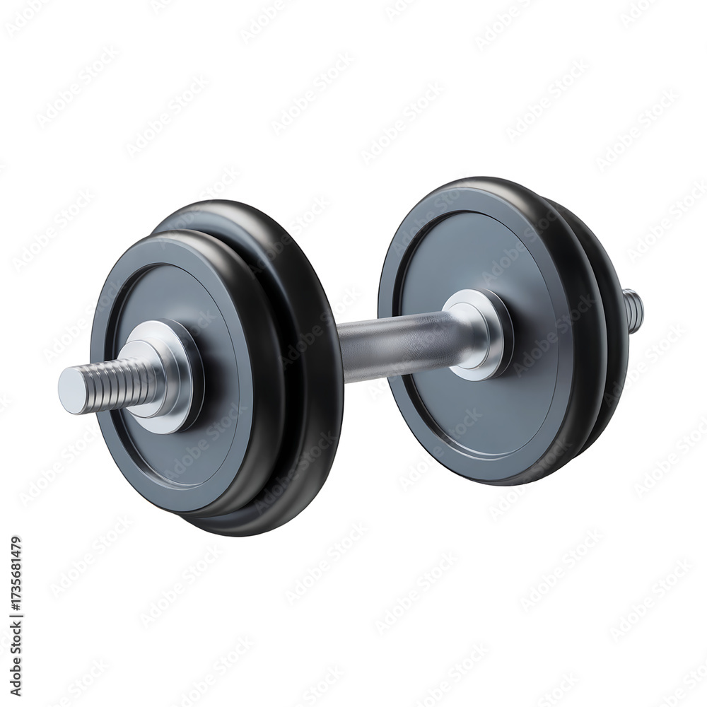 Naklejka premium Black metal dumbbell with chrome handle on a white background Keywords: dumbbell, weight, exercise, fitness, gym, workout isolated on a transparent background