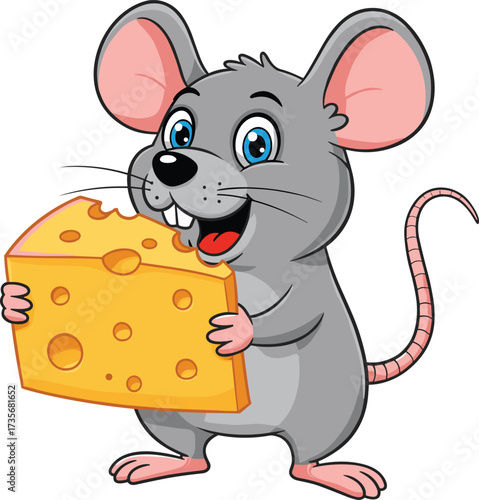 Cartoon mouse holding cheese, cute gray mouse illustration, happy animal character, children’s book design, playful rodent art, smiling mouse with Swiss cheese, fun educational drawing