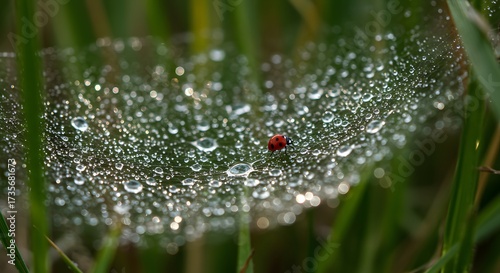 Ladybug on dew-covered spider web among green grass closeup of delicate natural textures sparkling droplets and vibrant insect in morning light
