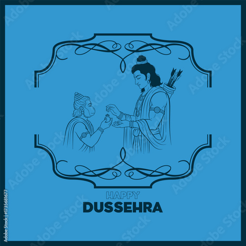 Monochrome line art vector of Lord Rama and Hanuman framed in an ornate border, exchanging a ritual item on a vibrant blue background for Happy Dussehra celebrations.