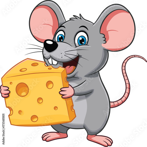 Cartoon mouse holding cheese, cute gray mouse illustration, happy rodent character, funny animal clipart, children’s book design, playful mascot artwork, smiling mouse cartoon