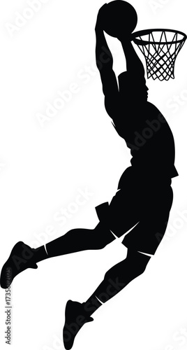 Silhouette of a basketball player dunking a ball into the hoop dynamic sports action silhouette