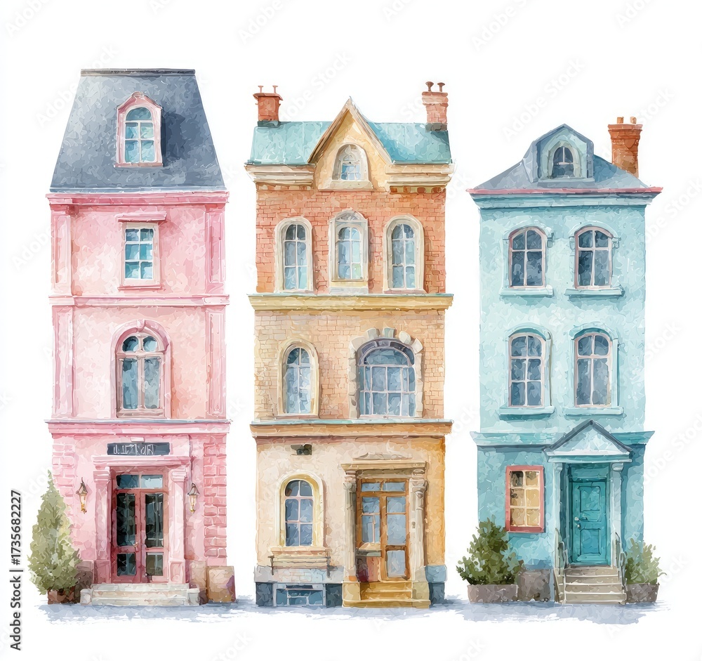 Obraz premium Watercolor illustration of three pastel-colored buildings (1)