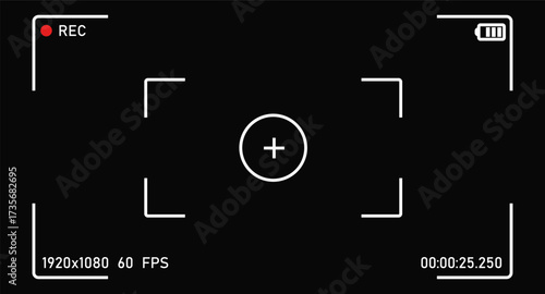 Camera viewfinder overlay. Video camera viewfinder on black background. Video camera viewfinder display frame for recording video and photos. Recording camera screen with indicators and frame.