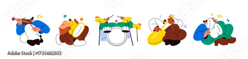 Musicians are playing musical instruments set. Artists perform in jazz concert. Talented people with guitar, drum, saxophone, trumpet and violin. Flat isolated vector illustrations on white background