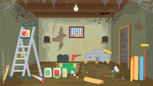Poor house. Slums. Very dark room with mold on the walls. Village room interior with bed. table and wardrobe. Homeless people. Cartoon interior.