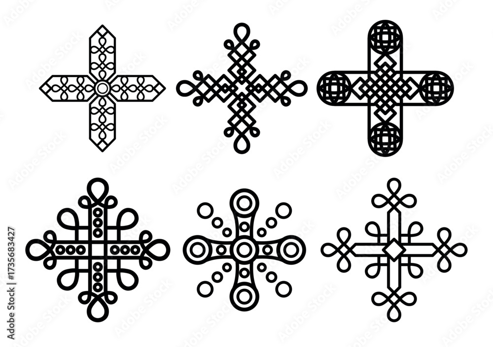 Obraz premium Set of Celtic crosses. Celtic cross. Linear hand-drawn style on a white background.