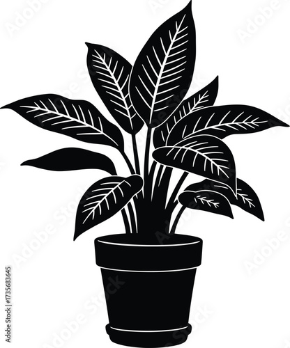 Stylized silhouette of a lush potted houseplant with detailed leaf veins in a simple pot silhouette