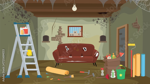 Repair. Tool room. Poor house. Slums. Very dark room with mold on the walls. Village room interior with bed. table and wardrobe. A cartoonish interior of a very old room with a sofa. Homeless people