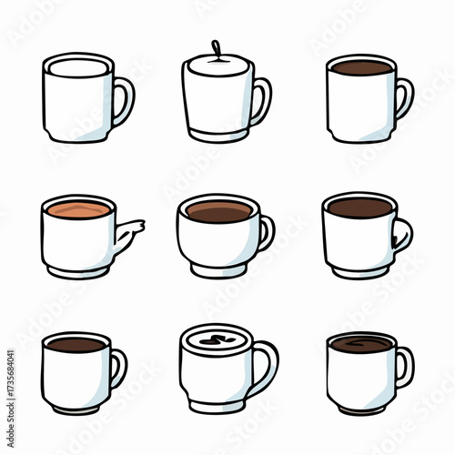 Collection of Cartoon Coffee Mugs with Various Colors and Outlines.