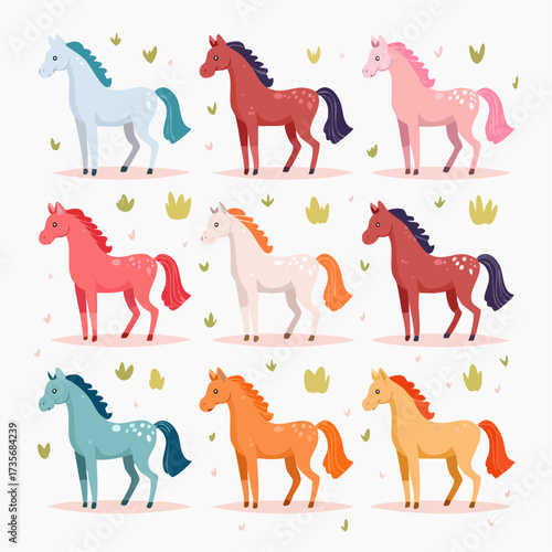 Colorful Cartoon Horses in Various Poses with Unique Mane and Tail Styles.