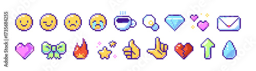 Set of pixel art icons. 8bit emojis: happy and crying emoticons, fire, hearts, letter and hand gestures. 8 bit elements of retro video games. Flat isolated vector illustrations on white background