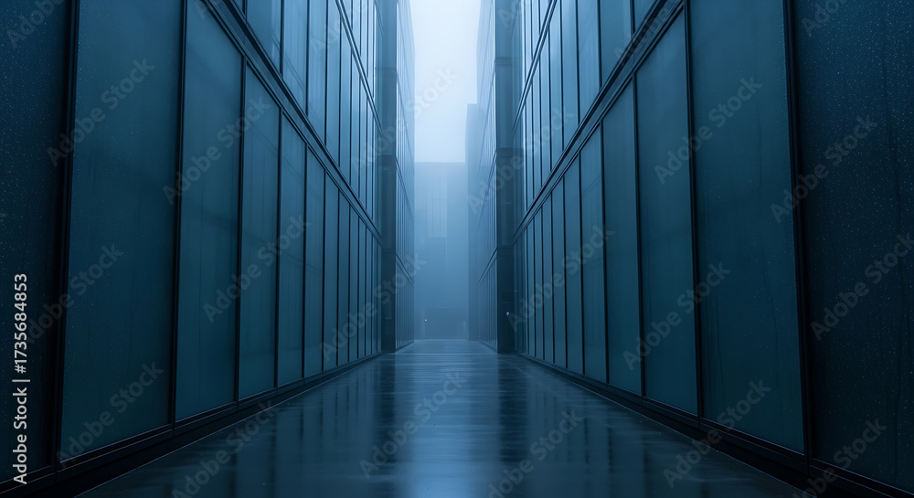 Obraz premium Modern buildings in the fog on a rainy day