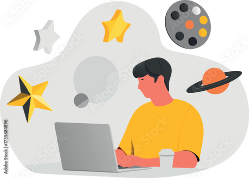 Editable vector illustration of a creative freelancer designing cosmic-inspired artwork on a laptop, surrounded by stars and planets in a minimalist clean style..