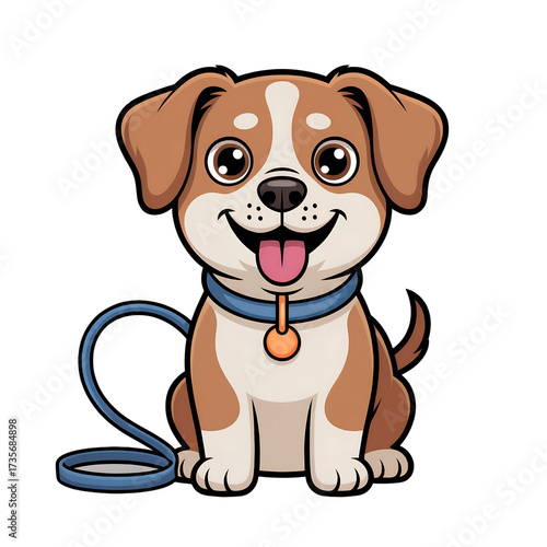 Happy Cartoon Puppy with Orange Tag and Blue Leash cute isolated on a transparent background