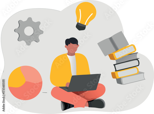 Editable vector illustration of a focused individual embracing remote work, achieving success while surrounded by inspiration and data analytics in a clean modern style.