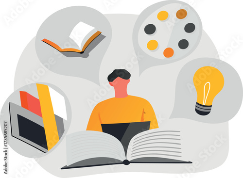 Editable vector illustration embracing the joys of lifelong learning and creative thinking, surrounded by inspiration and ideas in bold flat graphic style.