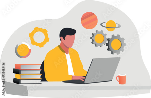 Editable vector illustration of a focused developer crafting cosmic software solutions, fueled by imagination and hot coffee, with geometric modern elements..