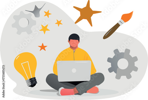 A creative individual brimming with innovative ideas, fueled by imagination and inspiration, working on a laptop in clean modern vector style.
