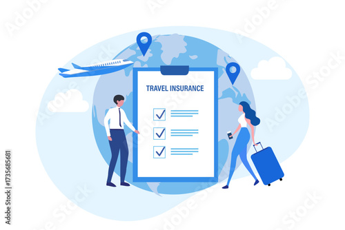 Travel insurance concept. Travel insurance policy with airplane, luggage and protection shield on smartphone vector illustration