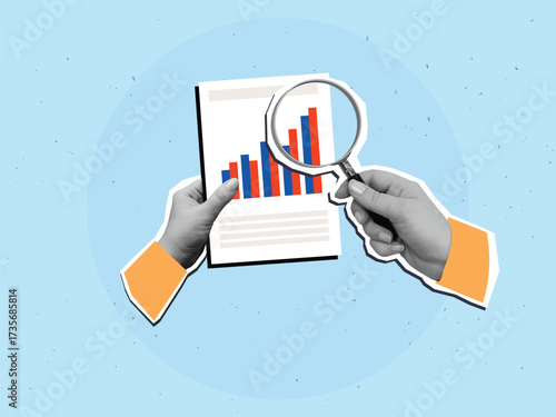 A person looking at documents with a chart a magnifying glass. Modern collage style. Vector illustration