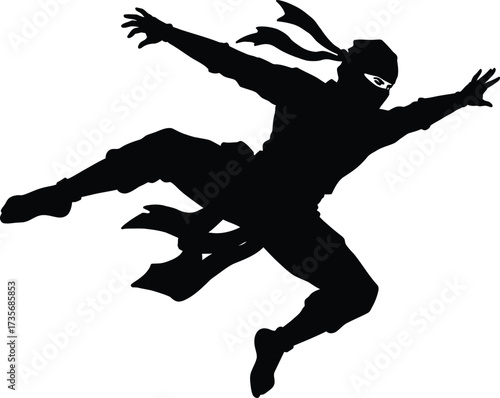 Dynamic silhouette of a martial artist ninja in mid-air action pose silhouette