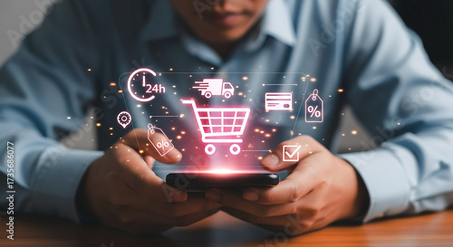 Man using mobile phone for online shopping with ecommerce icons and digital marketing strategy showcase the future of retail and consumer behavior