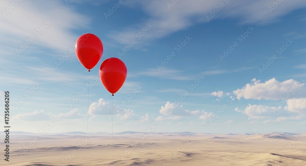 Fototapeta premium Two red balloons floating over a vast, empty desert landscape under a cloudy blue sky
