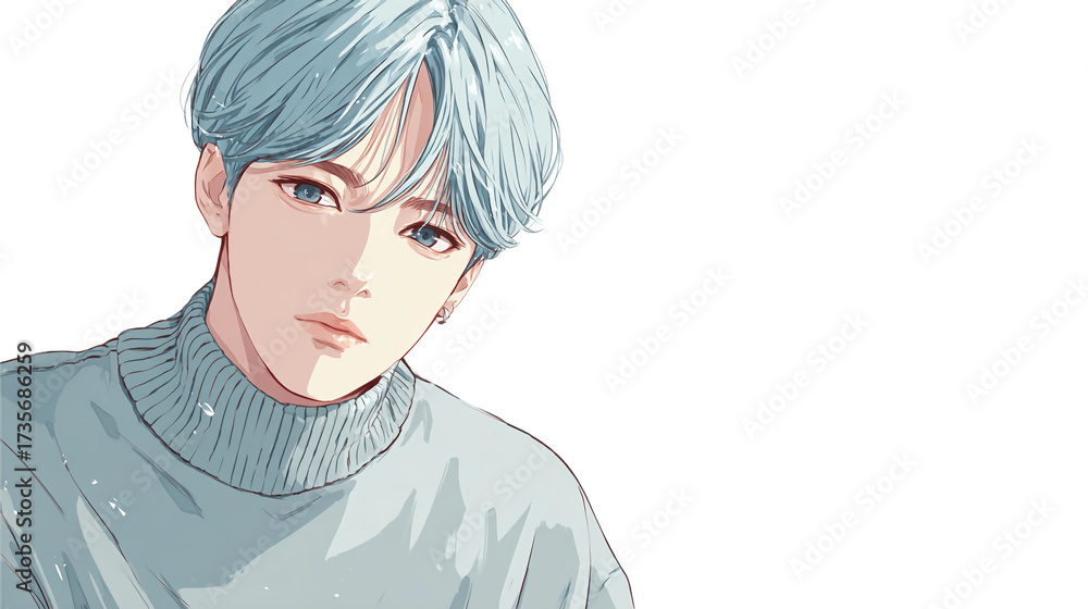 Fototapeta premium Attractive young man with blue hair illustration on transparent background