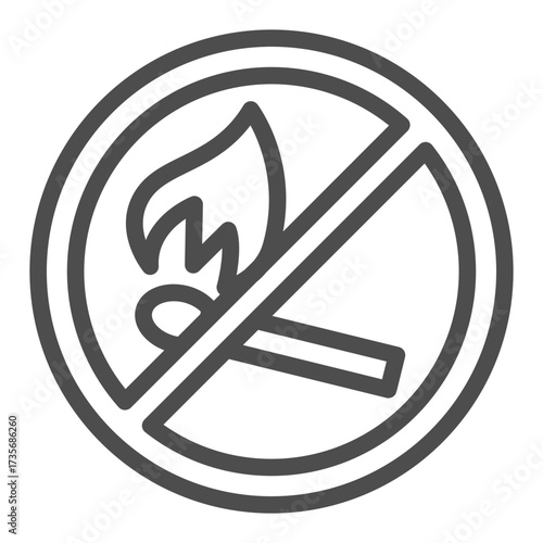 Match with fire ban line icon, lit match concept. Vector graphics. Forbidden, prohibited item sign on white background, outline style icon for mobile or web design.