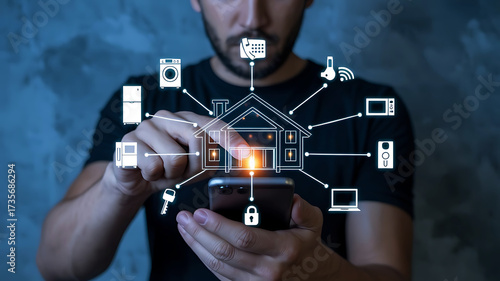 Man Using Smart Home App on Smartphone for Automation and Security Systems Control Technology Integration and Modern Lifestyle Connectivity