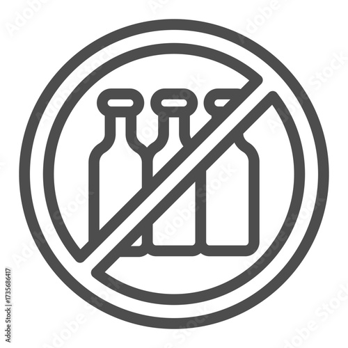 Three glass bottles ban line icon, processing of raw materials concept. Vector graphics. Forbidden, prohibited item sign on white background, outline style icon for mobile or web design.